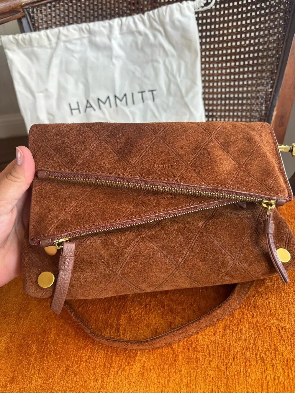 Hammitt Dillon Small Chocolate Diamond Suede Foldover Crossbody Antique Brass
